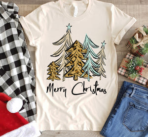 Merry Christmas leopard and teal tree tee