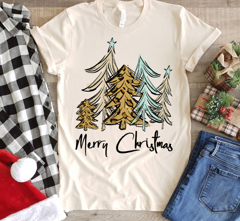 Merry Christmas leopard and teal tree tee