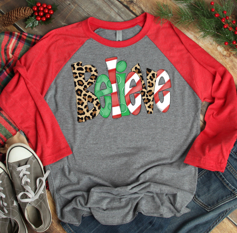 Leopard and candy cane believe tee